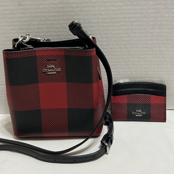 New Coach Mini Town Plaid Bucket Bag Crossbody with Card Wallet - Picture 14 of 16